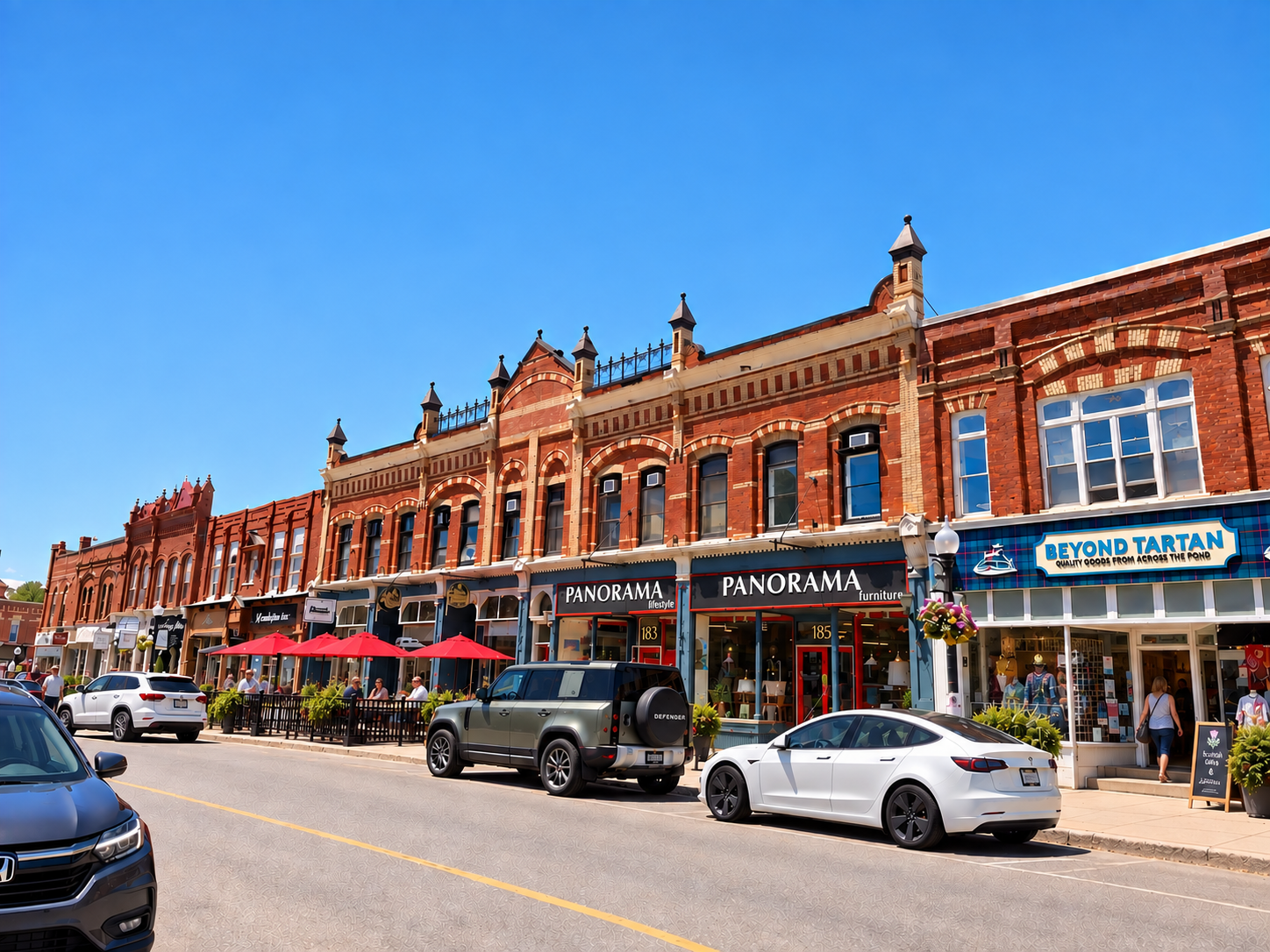 Historic brick storefronts and patios along a downtown Scugog Island main street